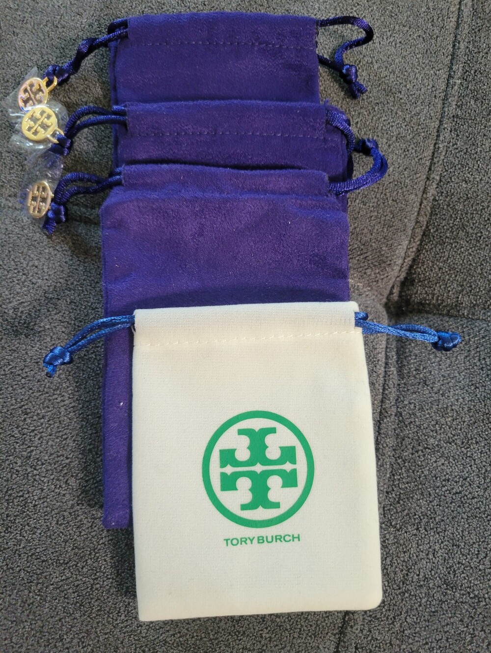 Tory Burch White Canvas Pouch with Purple Velvet Drawstring Bags